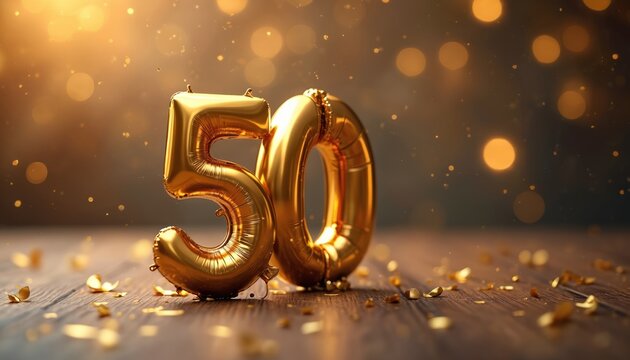 Golden foil number 50 balloon on wooden surface. Anniversary celebration with bokeh background and confetti. Perfect for milestone birthdays wedding parties and golden jubilee events.