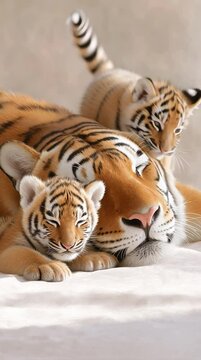 a tiger mother tries to sleep as rambunctious cub annoys her