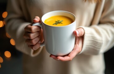Woman holds mug of turmeric latte. Warming healthy drink with spices, antioxidants. Popular orange beverage served hot. Turmeric tea detox with golden color, close-up.