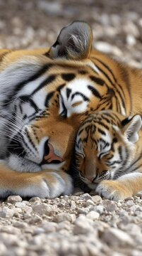 a tiger mother tries to sleep as rambunctious cub annoys her