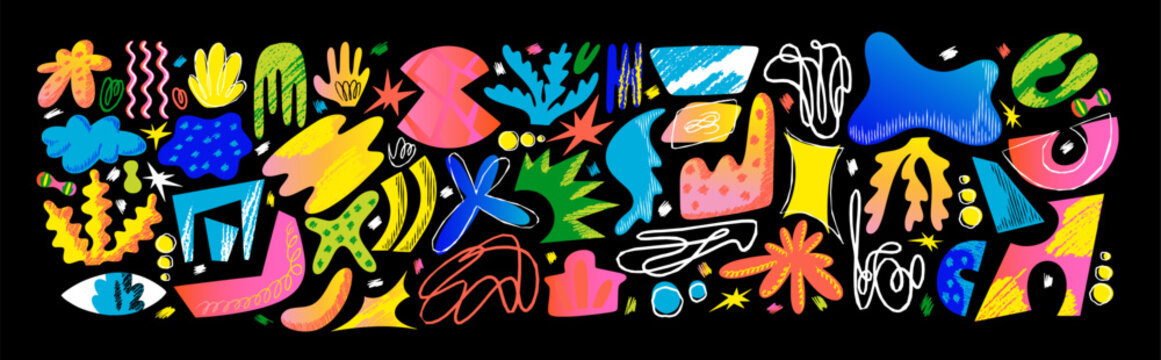 Abstract shapes and objects. Geometric art. Vector illustrations of curve squiggle, doodle, line, spot, gradient, dot for background, pattern or design. Colorful Chaos