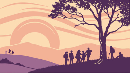 Group of hikers watching mountain sunset. Friends on a hilltop enjoying nature and adventure at dawn or dusk.