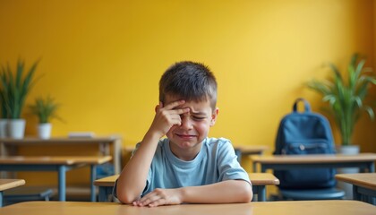 Sad preschooler boy cries at school desk. Unhappy, upset child wants avoid school, refuses. Tears on face. Back to school concept, education, first day. Negative emotions. Education problems.