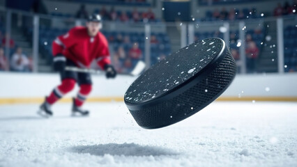 Hockey puck hovering above ice with sharp focus and flying particles, ice hockey player in white and red uniform skating in background, winter sports, sportswear, banner concept