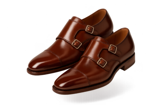 Elegant brown leather double monk strap shoes isolated on transparent background.