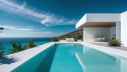 Fototapeta premium Stunning modern villa with a luxurious turquoise pool and ocean view on a sunny day.