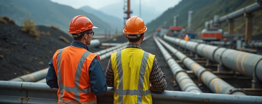 Two construction workers in hard hats, high-visibility vests near industrial pipes. Professionals look at pipeline system. Men on construction site, industrial facility. Safety, engineering, labor,