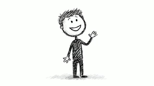 A sketched cartoon figure stands smiling and waving hello
