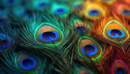 Obraz premium Close-up peacock feathers details showing iridescent colors, intricate patterns. Rich blue, green, gold, orange feather texture. Decorative design. Exotic birds natural beauty, vibrant colorful