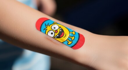Naklejka premium colorful cartoon bandage on child's arm for minor wound care