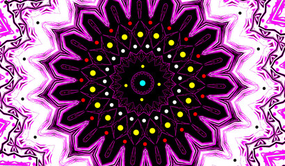 A mandala design features patterns with bold pink and black colors, accented by yellow and red dot details. The symmetrical layout radiates from a central circle, creating a mesmerizing visual effect.