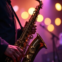 Fototapeta premium Jazz musician performs saxophone in colorful setting. Instrument player on stage at live concert. Musical performance with bright lights and bokeh. Evening entertainment.