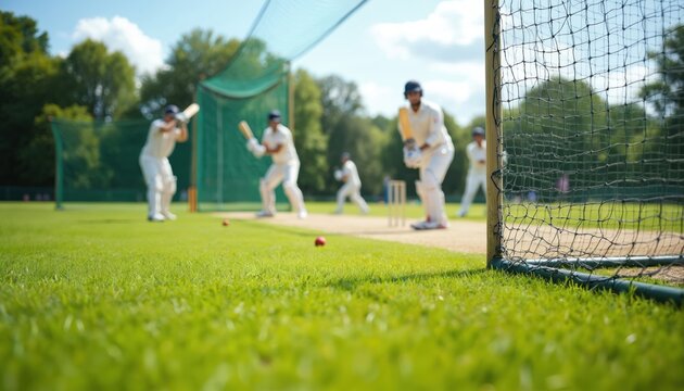 Cricket net session with batsmen practicing batting on green grass pitch. Outdoor setting. Players in white uniforms train with bats. Sunny day. Sports teamwork, healthy active lifestyle, sports