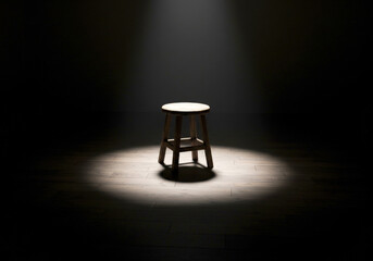 Wooden stool in dark room with long shadows