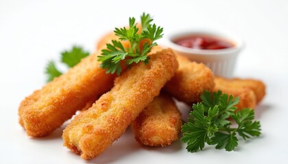 Crispy breaded fish sticks with fresh parsley, ketchup dip on white background. Delicious fried seafood snack, ideal lunch dinner meal. Cooked tasty finger food with breadcrumb batter, savory flavor.