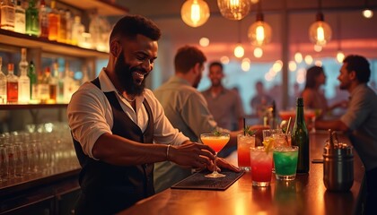 Bartender serves colorful cocktails in vibrant bar. Happy man, mixes drinks, smiles. People enjoy nightlife. Client order beverage at counter. Alcoholic drinks prepared. Evening bar scene.