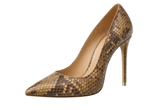 Elegant high heel stiletto shoe with snakeskin pattern isolated on transparent background.