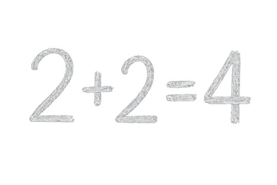 Chalk-drawn math equation showing two plus two equaling four, highlighting basic arithmetic on clean transparent surface