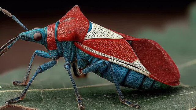 Vibrant Stink Bug Close-Up: Red, Blue, and White Insect on Leaf