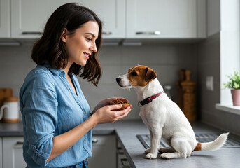 Young brunette woman in casual clothes feeding dry food Jack Russell terrier dog in kitchen at home
