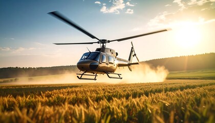 Helicopter taking off with sunset field.