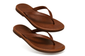 Pair of brown leather flip flops isolated on a transparent background studio shot