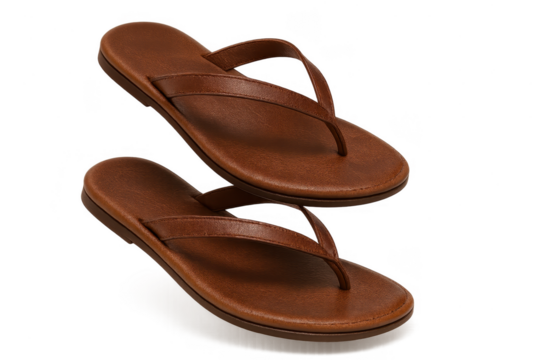 Pair of brown leather flip flops isolated on a transparent background studio shot