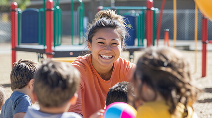 A smiling preschool teacher playing with a group of children in an outdoor playground, children running, laughing, playing with a ball, bright and natural sunlight, safe and fun environment