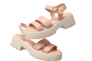 Elegant pink platform sandals isolated on transparent background, fashion footwear