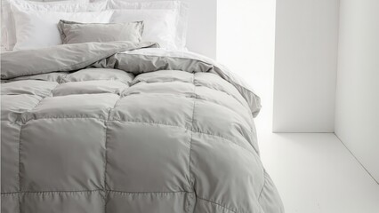 Close-up of a bed with a gray quilted duvet and white pillows illuminated by natural light creating soft highlights. Bedroom and comfortable bedding concept