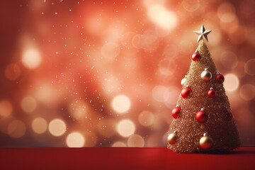 Christmas tree with red and gold ornaments on a red background with bokeh and falling snow
