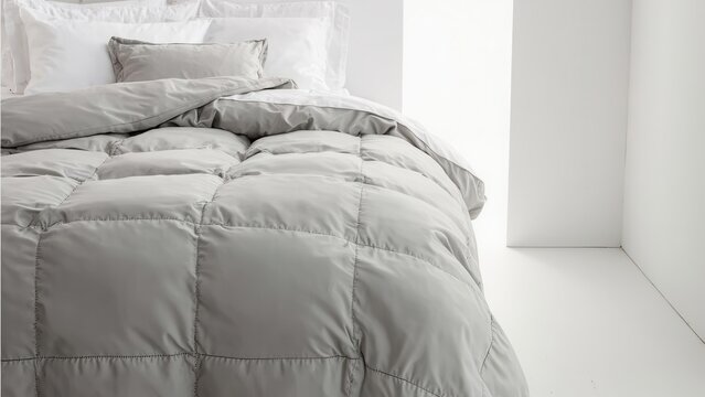 Close-up of a bed with a gray quilted duvet and white pillows illuminated by natural light creating soft highlights. Bedroom and comfortable bedding concept - Powered by Adobe