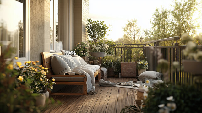Cozy terrace with pillows, blankets, flowers in bloom, plants and string lights