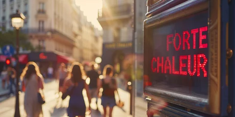 Gardinen Street electronic display board showing message in French "Forte Chaleur" on a street of Paris during heat wave © Ekaterina Pokrovsky