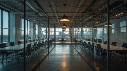 Fototapeta premium Modern industrial style office interior, surrounded by glass with hanging lights and long work desks, 