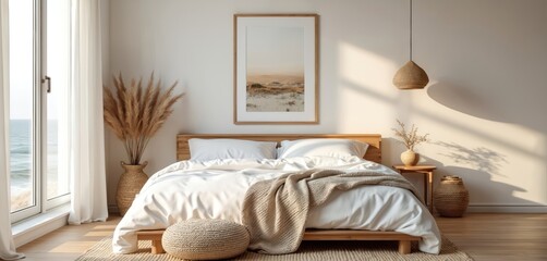 Coastal boho style bedroom interior. Wooden bed with white linens. Frame with landscape art. Cozy bedroom design with neutral tones, natural light, rug. Scandinavian, modern design for home decor.