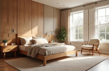 Obraz premium Modern bedroom interior with wooden furniture, beige carpet, big window. Interior design style, comfort, home decor, cozy room, daylight, sunlight, rest.