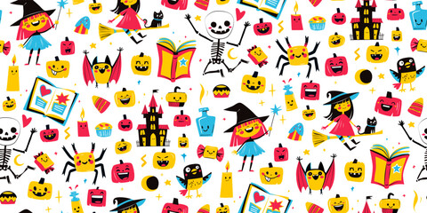 Cute Halloween Seamless Pattern with Witch, Pumpkin, Bat and Skeleton Kids Doodle Style