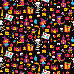 Cute Halloween Seamless Pattern with Witch, Pumpkin, Bat and Skeleton Kids Doodle Style