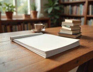 Fototapeta premium Blank white magazine mockup. Stack of books, cup of coffee on table in bookstore interior. Clean, modern design suitable for branding, marketing, advertising templates. Empty space for text.