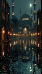 Night view of a mosque reflected in rain-soaked cobblestone