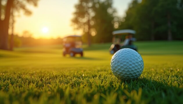 Golf ball lies on green grass with sunlight. Blurred golf carts and trees. Golf course during sunrise sunset time. Golf sport concept for advertising. Active lifestyle leisure activity recreation. - Powered by Adobe