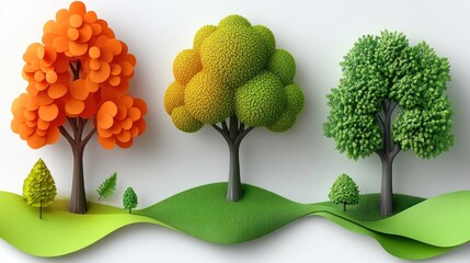 Colorful stylized trees on a grassy hill
