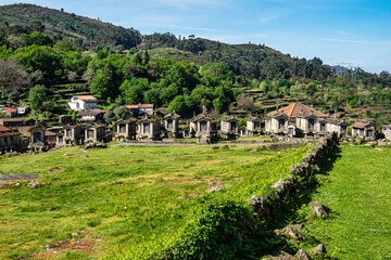 The communitarian granaries, called espigueiros, in the village of Lindoso, Peneda National Park,...