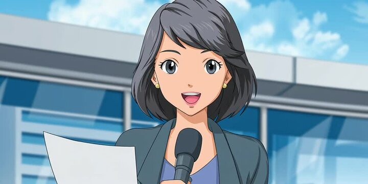 Anime reporter broadcasting the news in modern anime cartoon style