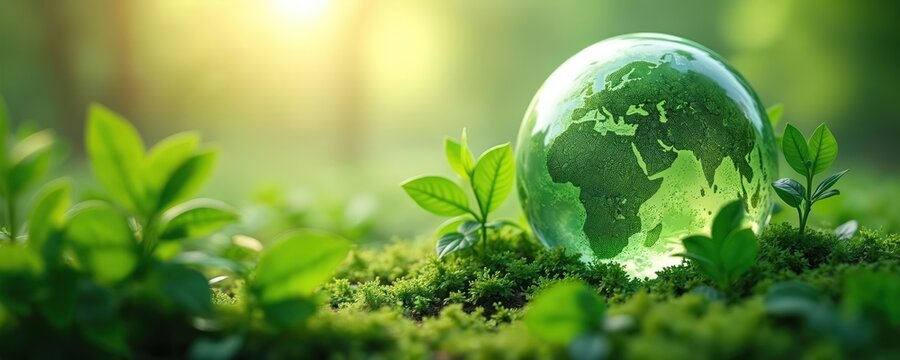 Eco concept of sustainable growth, green planet earth globe with foliage. Nature eco-friendly, environment protection, earth day concept. 3D rendering of green world. - Powered by Adobe