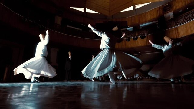 Whirling Semazens Performing Sufi Ritual Dance Around Spiritual Guide in Mevlevi Lodge