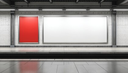 Modern subway station platform with large white billboard, contrasting red poster for ad mockup. Commercial marketing concept with advertising space. Subway interior platform with empty advertisement