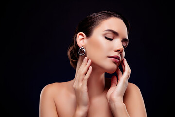 Photo portrait of attractive young woman touch soft skin face shoulders off isolated on black color...
