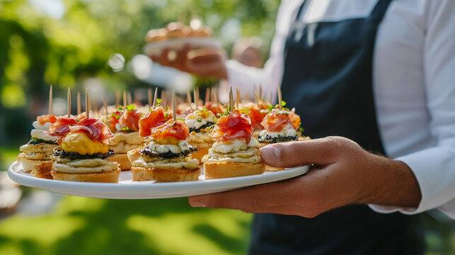 Close-up of a waiter serving gourmet finger food on a tray at an elegant cocktail party. Appetizers, canapés, and desserts beautifully arranged for wedding or upscale event. Celebration atmosphere.

